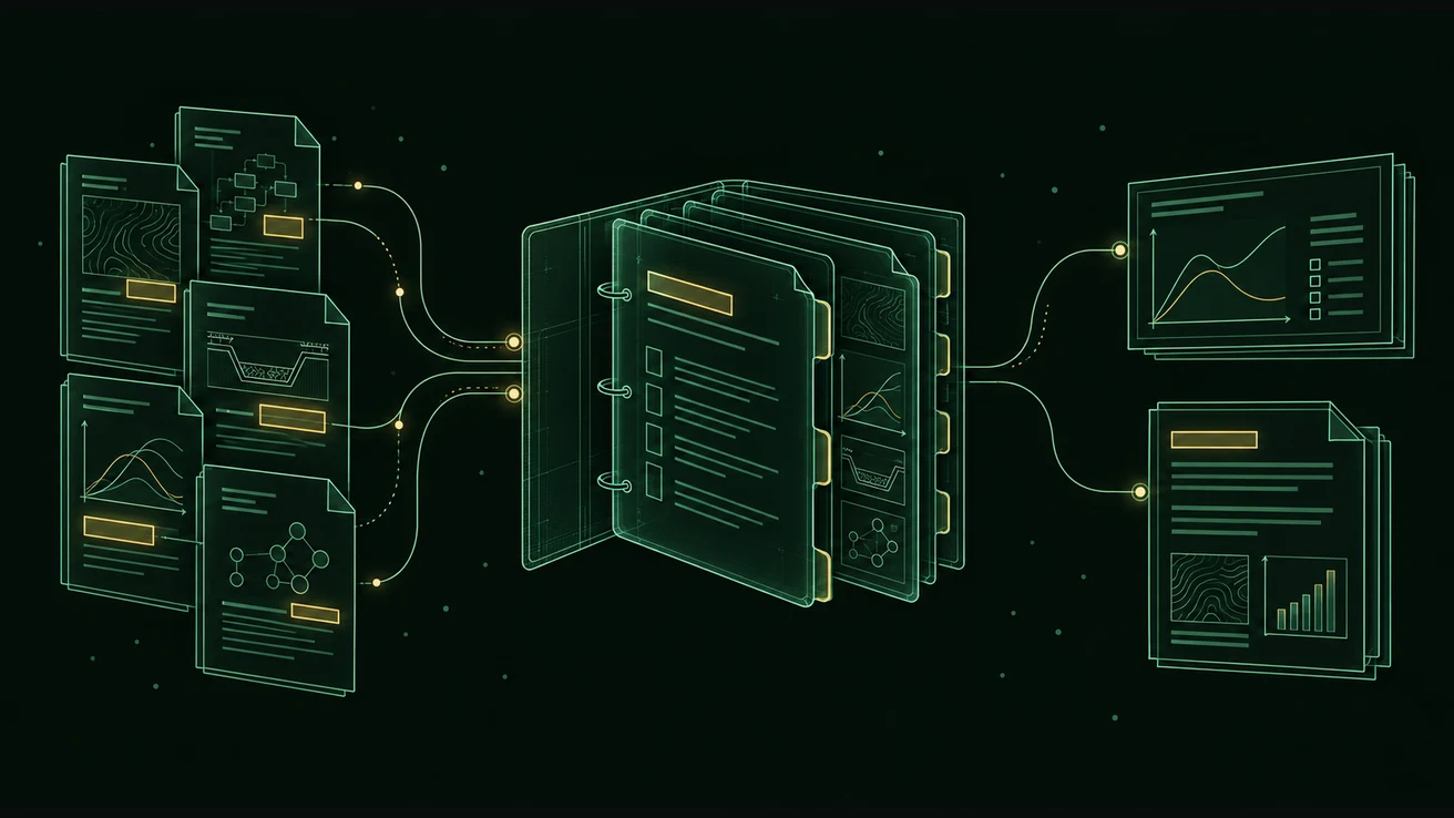 Illustration of source documents becoming a proposal, digest and presentation.