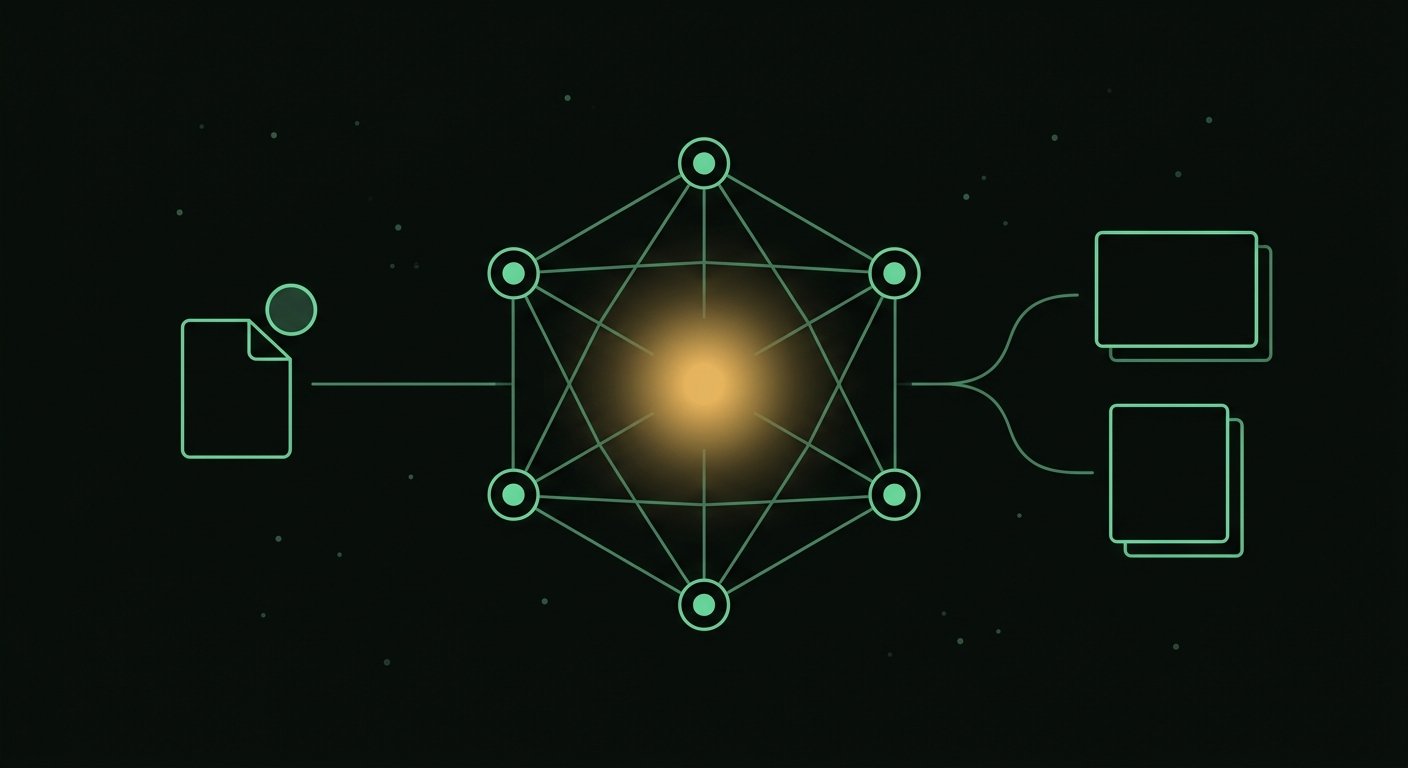 Abstract proposal pipeline: a document feeding a tokenized network that resolves into a generated digest and slide deck.