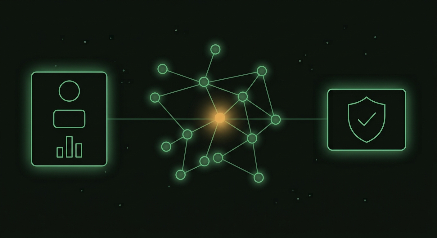 Abstract provenance graph: disparate sources feeding a validated node network that resolves into an audited record.