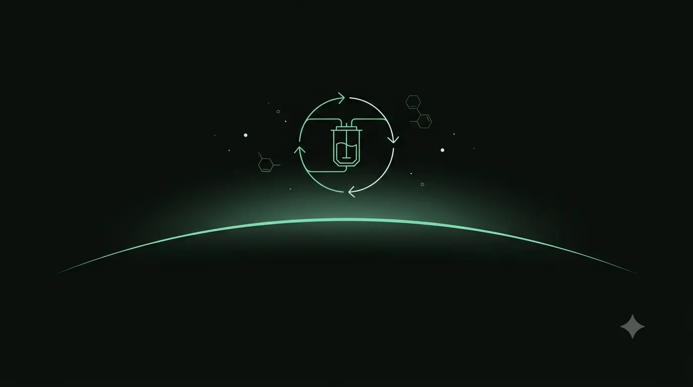 Abstract orbital bioprocess: a small bioreactor over a planetary horizon, joined by a sealed closed-loop flow.