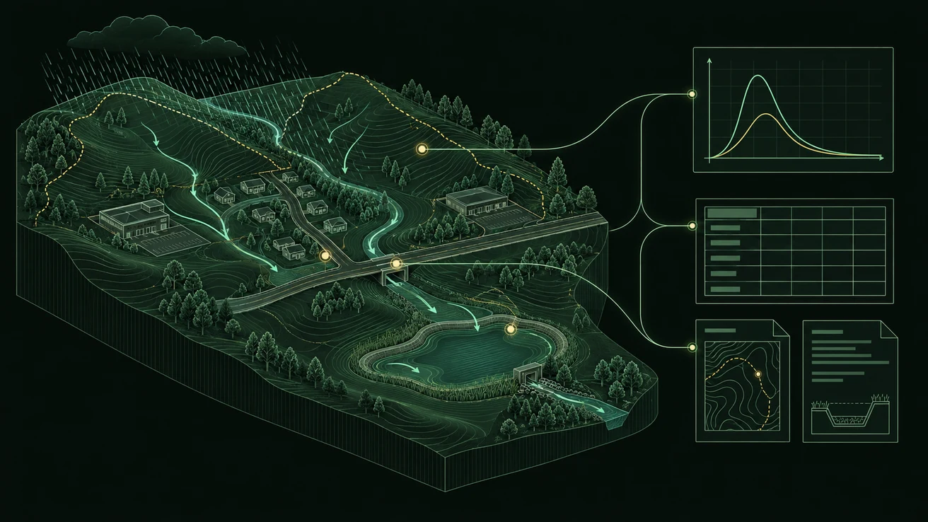 Conceptual stormwater catchment with rainfall, runoff paths and a detention basin connected to analytical charts and review documents.